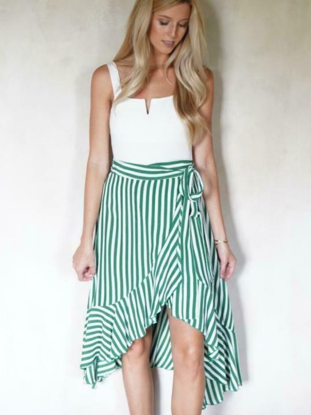 Faithfull The Brand Tramonti Ruffle Green Striped Wrap Midi Skirt 6 S